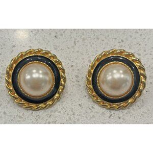 Vintage Pearl Goldtone Clip-On Earrings • Black Enamel Rope Twist • 80s 90s Stat
